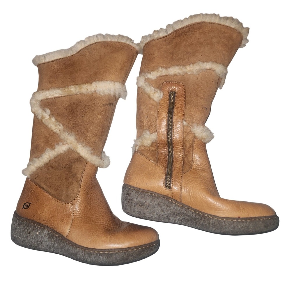 Born W5197 H6 Women Tan Leather Shearling Trim Mid-Calf Wedge Boots Size 8/39